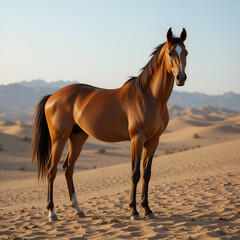 Buckskin Akhal Teke horse staning in the desert sands. Vertical, front view, in the middle.