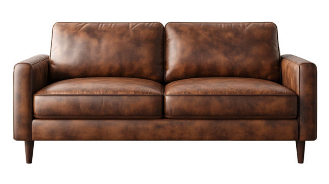 High-Quality PNG of Industrial sofa png mockup brown leather couch living room furniture Isolated on White Background - High Resolution