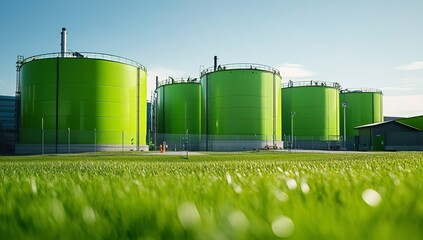 Green energy and industrial factory, light green background with blue sky, sunlight reflection on grass in front of oil storage tanks. Concept for sustainable development goal, environmental view