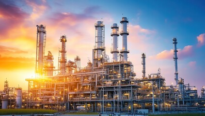 Eco-friendly oil and gas production plant with green energy elements, clear blue sky, grassy landscape, banner design, high resolution, green color theme, blurred background of an industrial area