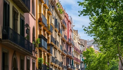 Fototapeta premium Colorful apartment buildings line a city street.