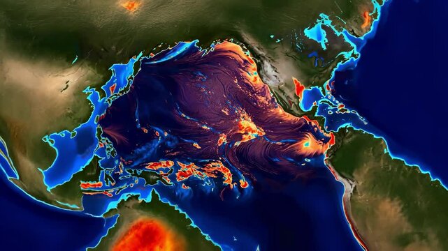 Dynamic Ocean Currents Flowing across Pacific Ocean. Earth, Water, Map, Global, Sea, Colorful, Geography.