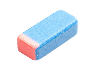 Close-up view of a blue and coral rectangular eraser with transparent background, isolated on black.