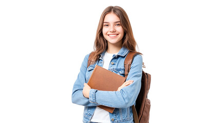 Smiling female student with brown leather notebook and backpack, transparent background