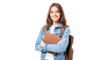 Smiling female student with brown leather notebook and backpack, transparent background