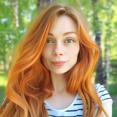 Fototapeta premium Vibrant red-haired girl in a green forest, embracing the joy of nature and warmth