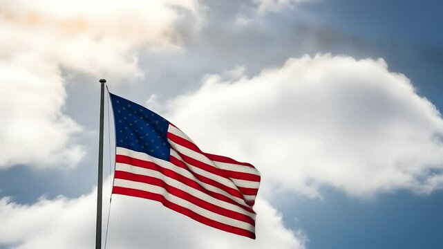 American flag waving against blue sky as fighter jet flies over creating contrails. Symbol of patriotism, military strength, defense, and Independence Day celebration.