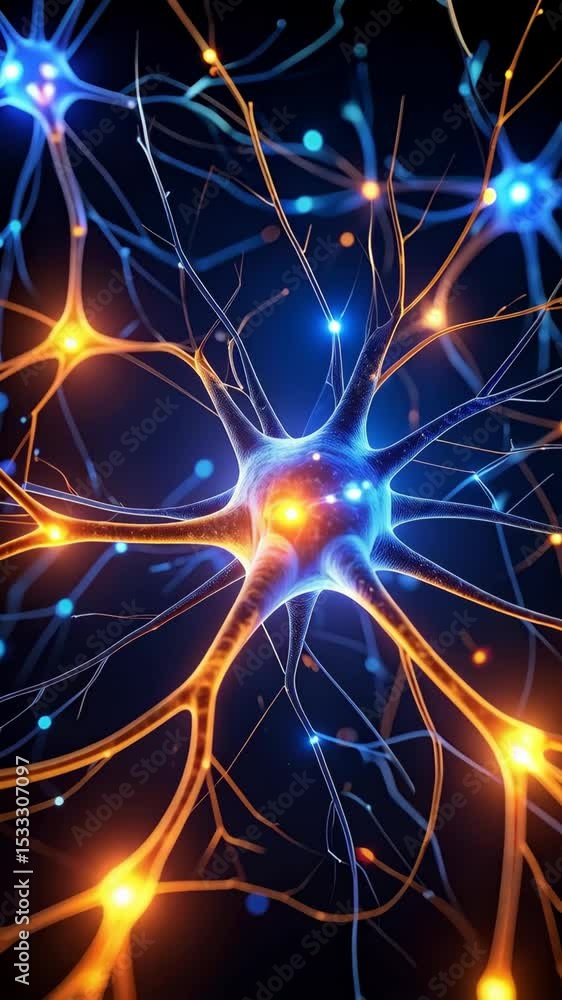 Poster interconnected glowing neural network with bright nodes against a dark background to depict synaptic
