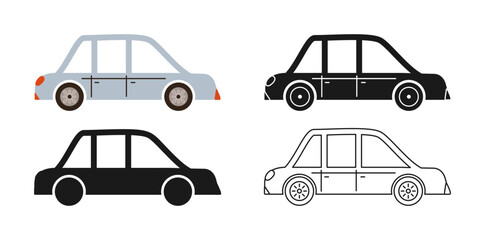 Simple retro Car icon symbol cartoon set. Hand drawn cute automobile car in multiple styles colored, silhouette, outline kid collection. Simple children funny auto transport icon vector illustration