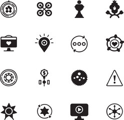 Set of diverse vector icons – filming, mapping, settings, error alerts, location, tools, media elements, system interface symbols, multifunctional icons for apps, websites, UI/UX design, and more.