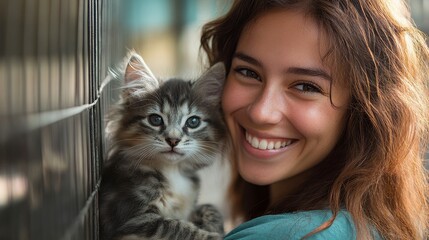 Bright Smile with Cat in a Person's Embrace at Animal Shelter