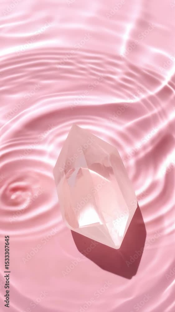 Poster faceted quartz crystal point casting sharp shadow on pale pink liquid surface with concentric ripple