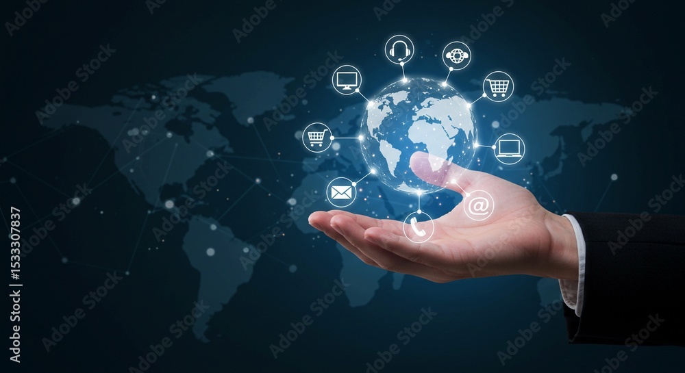 Poster global business communication concept with a hand pushing a virtual button on a digital touch screen