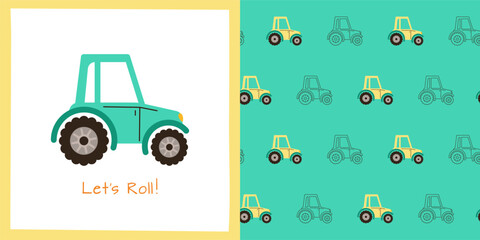Tractor cartoon seamless pattern. Hand drawn retro farmer or builder car automobile endless boundless background design. Simple funny auto transport comic repeat print wallpaper vector illustration