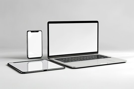 Computer, Laptop and Smartphone, Display, on White Background Workspace Mock Up Design