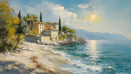 Fototapeta premium Coastal scene with buildings and beach on a sunny day.