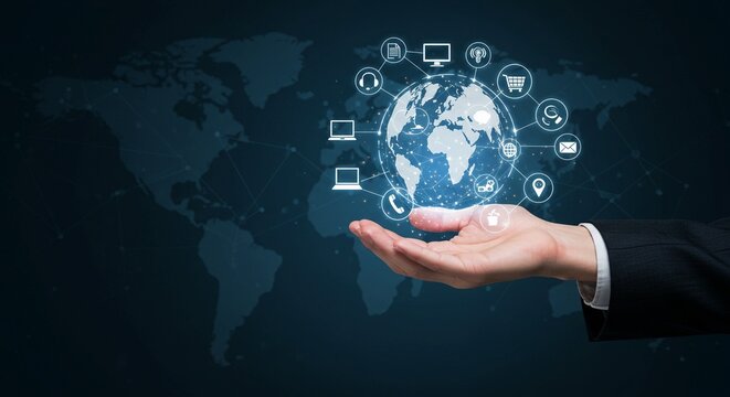 Hand pushing a digital globe touch screen for global business communication