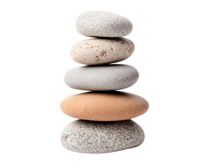 Stack of five smooth stones, neutral tones, isolated, transparent background, zen, balance, spa, tranquility, meditation, pebble, rock, grey, beige, brown