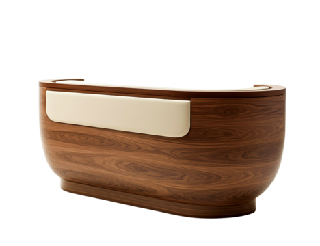 Modern curved wooden reception desk with cream panel, transparent background