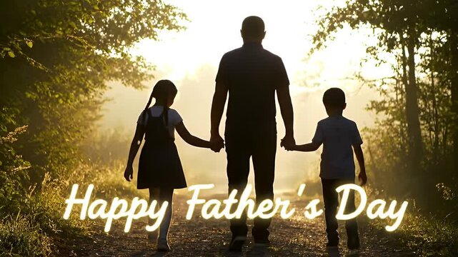 father holding his daughter and boy walking on a path between a trees, HAPPY FATHER'S DAY!