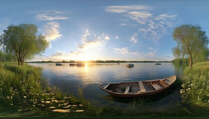 Obraz premium Serene lake scene at sunrise with a wooden boat.