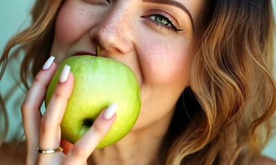 Woman biting into a green apple - Powered by Adobe