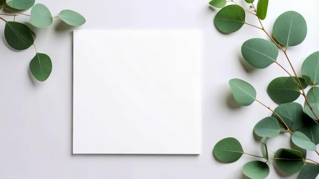 Eucalyptus branches framing blank white square card on neutral background, flat lay botanical composition for invitation or greeting card mockup.
