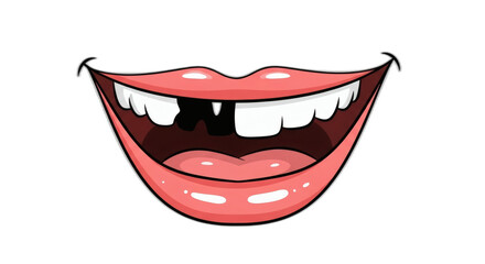 Naklejka premium Cartoon mouth with pink lips and white teeth showing a missing tooth on a black background