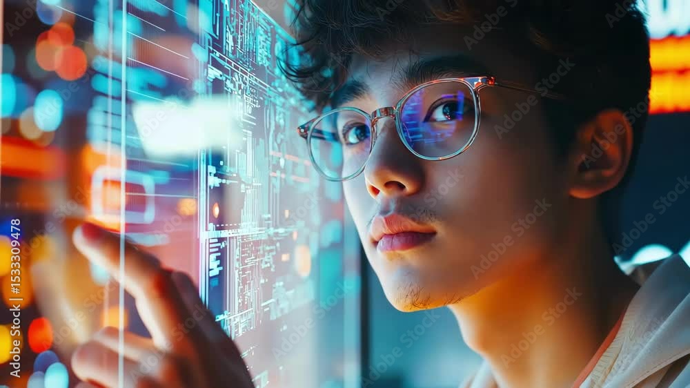 Poster young asian man analyzes data with glasses, touching a digital screen, technology interface concept.