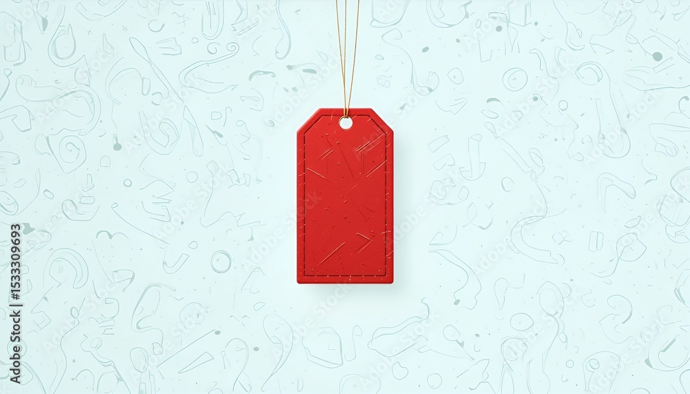Poster vibrant red tag hangs against an abstract light blue pattern, creating a focal point visual.