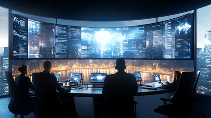 A futuristic control center with multiple digital screens, showcasing data analysis while overlooking a vibrant, illuminated city skyline. Professionals collaborate