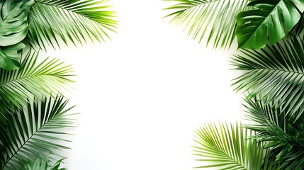 Obraz premium Fresh Tropical Green Leaves Framing White Space Palm, Monstera, and Exotic Foliage Background
