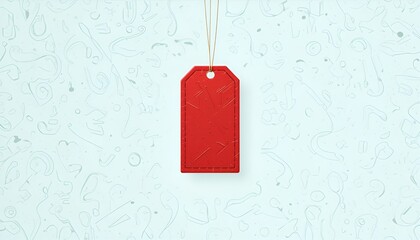 Vibrant red tag hangs against an abstract light blue pattern, creating a focal point visual.