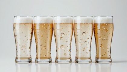 Five glasses of golden beer with effervescent bubbles and creamy foam stand in a row on surface.