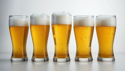 Five glasses of golden beer stand side by side, capped with white foamy heads on a bright surface.