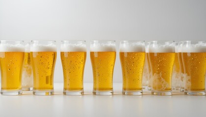 Several glasses of light beer with foamy heads stand in a row against white backdrop, studio shot.