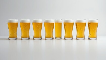 A row of chilled golden beers with frothy white heads, arranged artfully on a white surface.