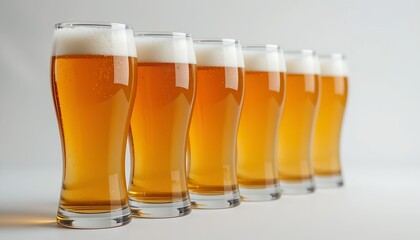 A row of refreshing golden beer glasses with frothy white heads stands on a plain backdrop.