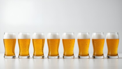 Seven glasses of golden beer, aligned on a white surface, showcasing a refreshing beverage concept
