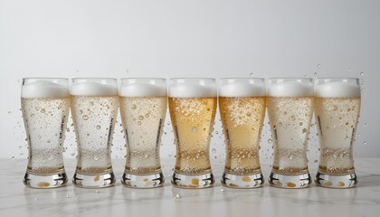 Seven elegant glasses filled with bubbly beverages show a gradient of amber to clear liquid color.