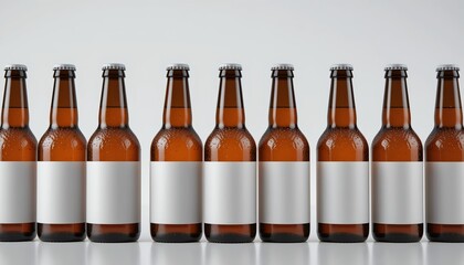 Eight brown glass bottles filled with liquid and blank white labels displayed on a table