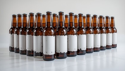A symmetrical arrangement of brown glass bottles stands on a clean white marble surface in a studio.