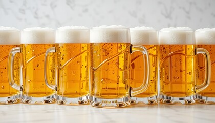 Row of chilled beer mugs filled with frothy beer evokes a convivial, celebratory atmosphere.