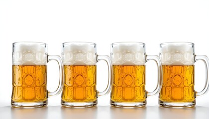 Four full beer mugs stand side by side with golden liquid and foamy heads on a white background.