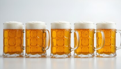 Five frosty glass beer mugs filled with golden lager sit on a clean, bright, white surface.