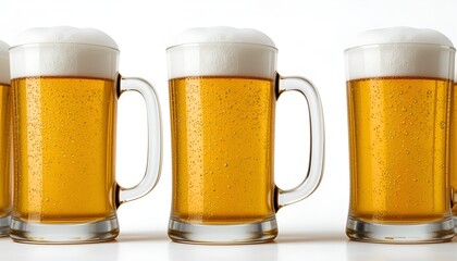 Three frosty beer mugs overflow with foamy lager on a stark white background, inviting refreshment.
