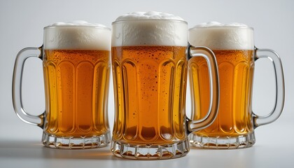 Three full beer mugs with thick white foam stand ready for enjoyment, inviting celebration.