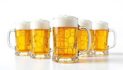 Five mugs of refreshing beer with thick foamy heads stand ready to be enjoyed in crisp clarity