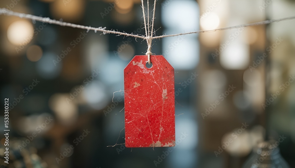 Aufkleber a worn red tag hangs from twine in a blurred, warmly lit space, evoking rustic simplicity.
