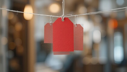 Vibrant red tag and transparent layers hanging on string with soft focus lighting backdrop.
